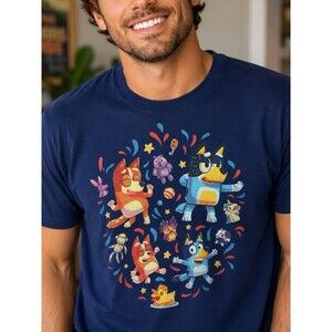 Bluey Dance Mode Bandit Bingo Chilli Graphic T-Shirt Unisex XL Navy Cotton Tee